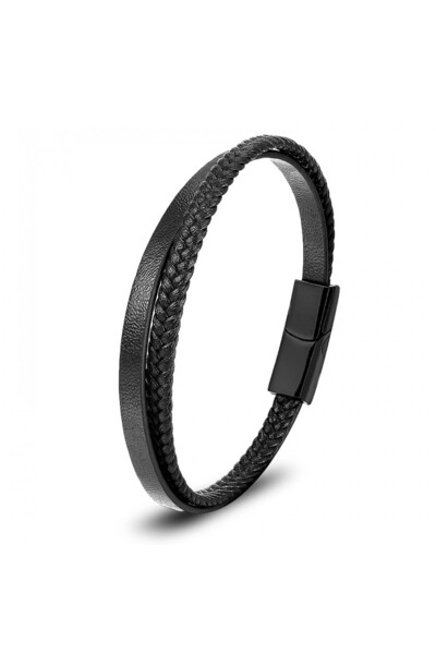 FM Black Leather and Hair Braid Double Multi Steel Bracelet 31833B12D1