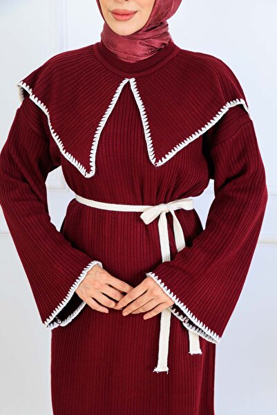 benguen Collar Detailed Knitwear Dress K3036 Burgundy