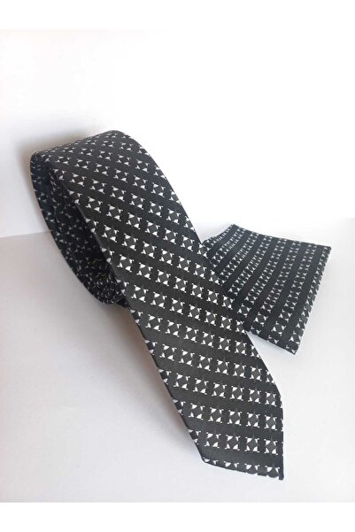 Kravatistan Black Square Patterned Thin Tie and Handkerchief Set