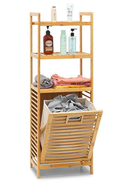 Karçiçeği Home Bambu Kirli Sepetli 3 Raflı Çok Amaçlı Banyo Düzenleyici Çamaşır Sepeti Organizer DB-0002