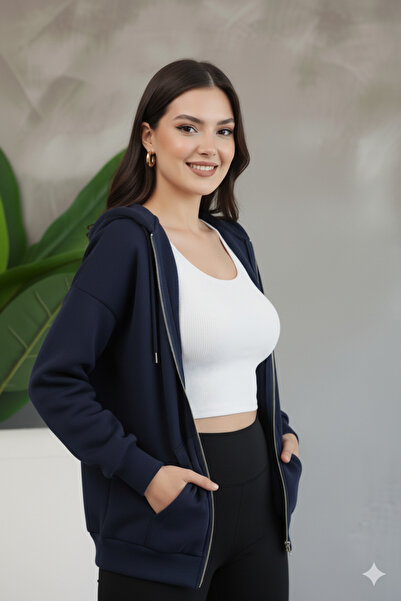 cemo Women's Teen Unisex Pocketed Hooded Zippered Sweatshirt Cardigan