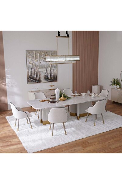 Danube Home طقم طعام رخامي من الليال ١+١٠ قطع - أبيض/ذهبي مصقول/بيج، خشب صلب ...