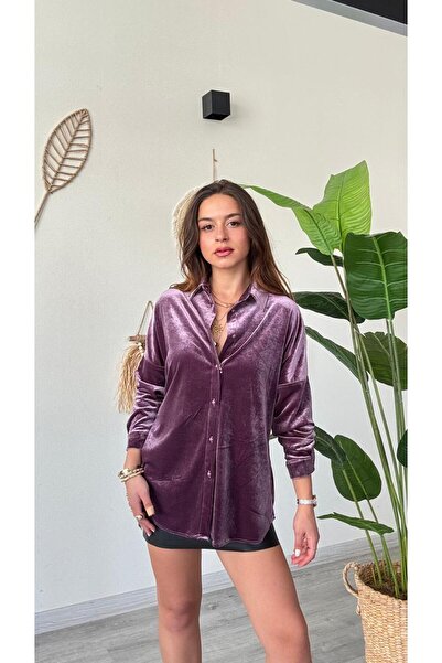 modadagiyim Kadın Uzun Kollu Düğmeli Salaş Rahat Kadife Gömlek