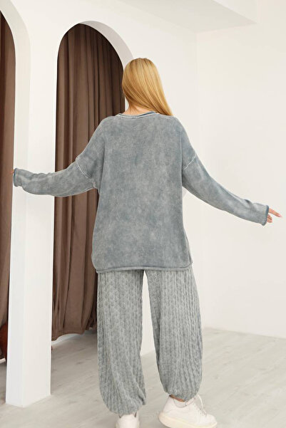 AYASOFYA OTANTIK Women's Gray Round Neck Tassel Detail Kangaroo Pocket Long Sleeve Distressed Loose Cotton Knitwear Sweater