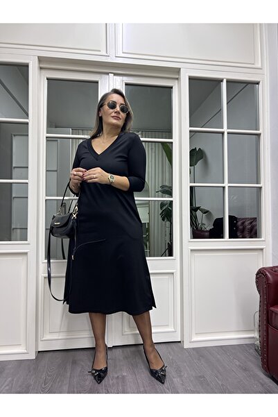 TREND&LİFE V yaka çelik örme yırtmaçlı elbise