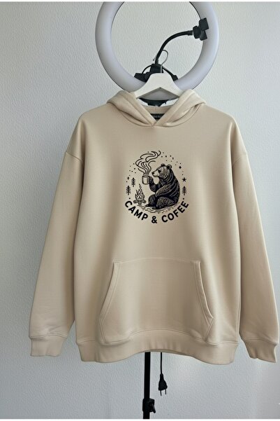 LORVEX Camp & Coffee Imprimeu frontal Pulover supradimensionat unisex din bum...