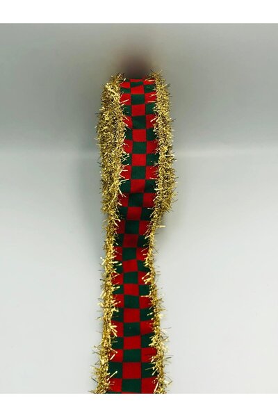 DUCK HOBY 5 Mt. Yılbaşı Kurdele 3 cm Altın Saçaklı Ekose Dokuma Yılbaşı Kurde...