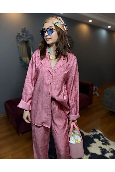 MODAGK Kendinden Desenli Saten Pantolon Gömlek Takım