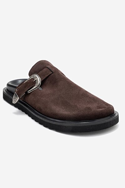 LuviShoes Γυναικείες παντόφλες με κλειστά δάχτυλα VESTA από γνήσιο δέρμα με καφέ σουέντ αγκράφα