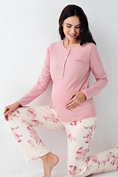Pierre Cardin 9059 Kadın Gül Kurusu Uzun Kollu Hamile Lohusa Önden Emzirme Özellikli Pijama Takımı