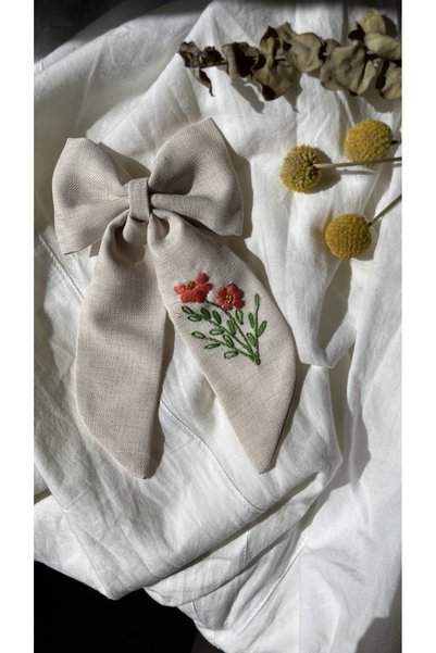Mas Floral Embroidered Beige Bow Buckle |   Handmade Fabric Ribbon Buckle |   Girls & Women