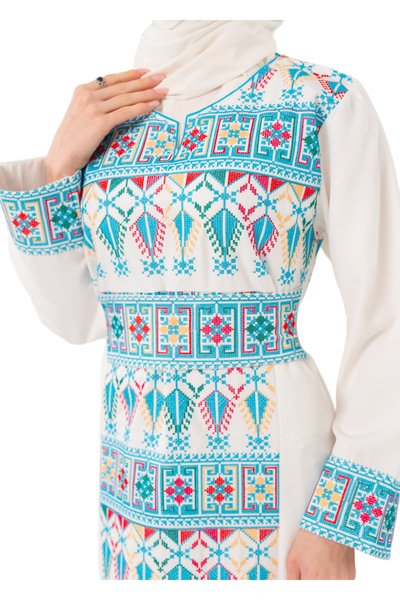 Zaytoon White Color Rhombus Palestine Embroidered Dress C100055