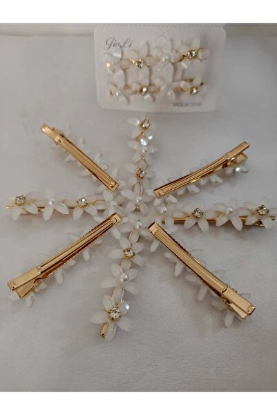 ASG Saç Toka Beyaz Çiçekli İnci Taşlı Saç Tokası Gold Renkli (2 Adet)