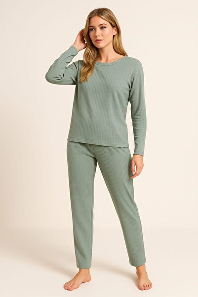 enmodaiçgiyim Mint Green Striped Women's Pajama Set – Long Sleeve, Comfortable Fit, Soft Fabric, Stretchy