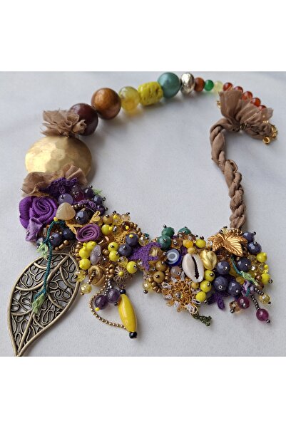 azra takı tasarım El yapımı otantik bohem etnik sadece 1adet renkli iğne oyalı kısa kadın kolye