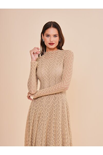 SERPİL Zarif Dantel Detaylı Uzun Kollu Midi Elbise 51210