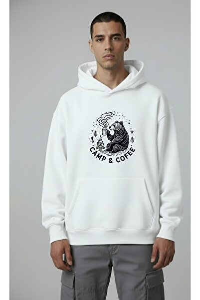 LORVEX Camp & Coffee Imprimeu frontal Pulover supradimensionat unisex din bum...