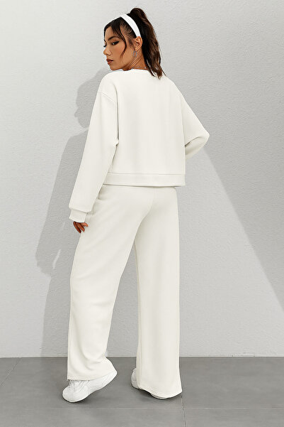 Deafox Σετ αθλητικής φόρμας από ύφασμα Ecru Modal με μαλακή υφή με φερμουάρ και λεπτομέρεια από κοτλέ