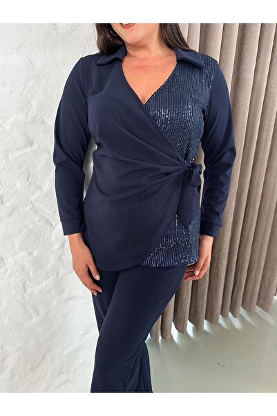 rotop Elegant outfit, Tamara, navy blue color, wrap blouse and sequin details