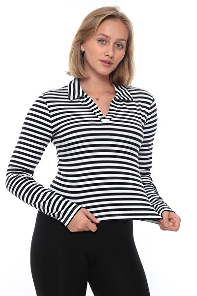 Lumessa Black and White Striped Polo Neck Long Sleeve 2333Lms