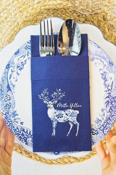 PEKSHOP Kumaş Dokulu Lacivert Cepli Bleu Blanc Yılbaşı Geyik Desen Baskılı Peçete 6lı Paket