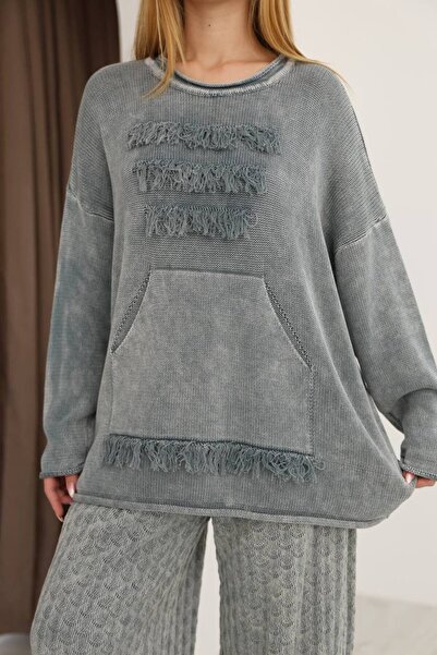 AYASOFYA OTANTIK Women's Gray Round Neck Tassel Detail Kangaroo Pocket Long Sleeve Distressed Loose Cotton Knitwear Sweater