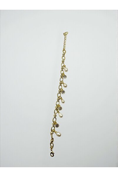 FUYA JEWELLERY 14K Gold Kaplama Zirkon Taş ve İnci Sallantılı Zincir Bileklik
