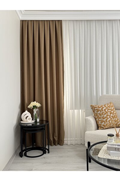 BNR HOME STORE Bnr Home Camel rengi 1/3 Kanun Boru Pileli Keten Fon Perde 1.k...