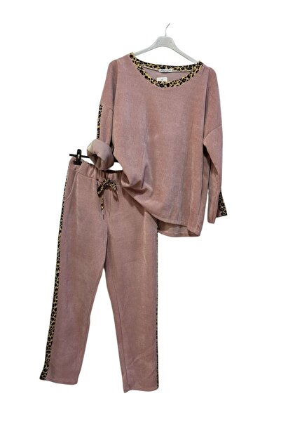 AGORATEKSTİL Women's Italian Leopard Print Velvet Suit