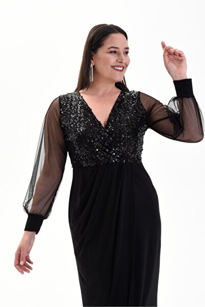 rotop Long, elegant dress, Gloria, with sequins, black color
