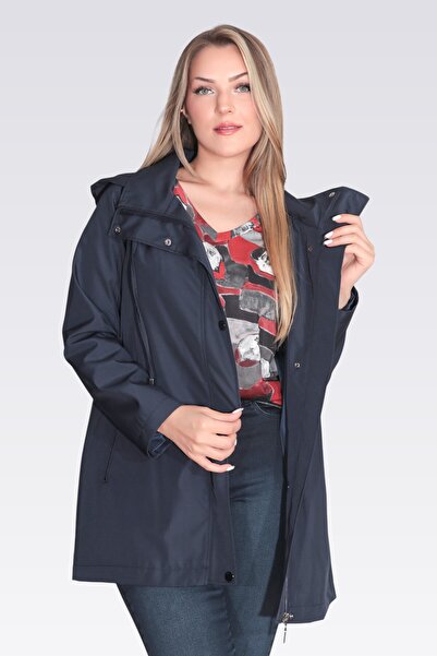 TOLGA SARAÇOĞLU 60131 LACİVERT DEMONTE KAPÜŞON DEVRİK YAKA RAHAT KESİM TRENÇKOT