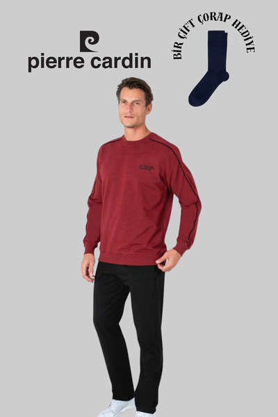 Pierre Cardin Men's Burgundy Cotton Crew Neck Tracksuit Set 1 Pair of Socks Gift