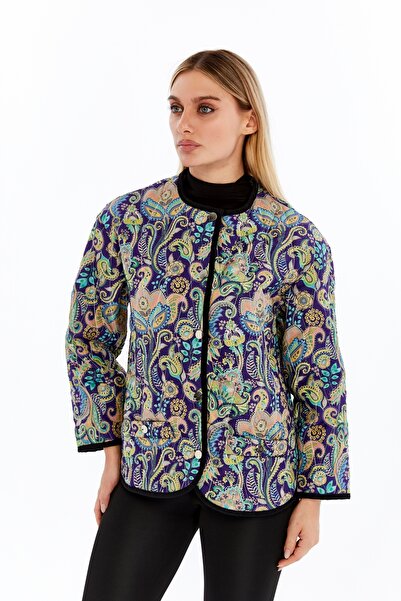 moda benna Women's Ethnic Patterned Bomber Jacket with Quilted Snap Fasteners