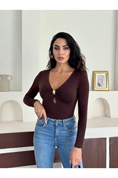 REELMODA Дамска блуза с падащи рамене, деколте, аксесоари и подплата отпред, в цвят пясък