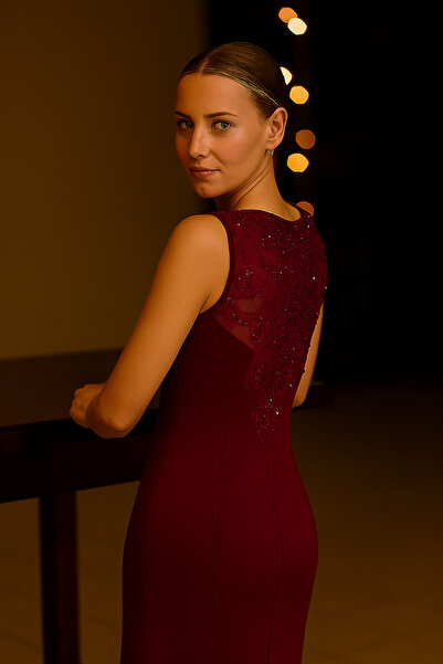 dml giyim Fuşya krep güpürlü elbise