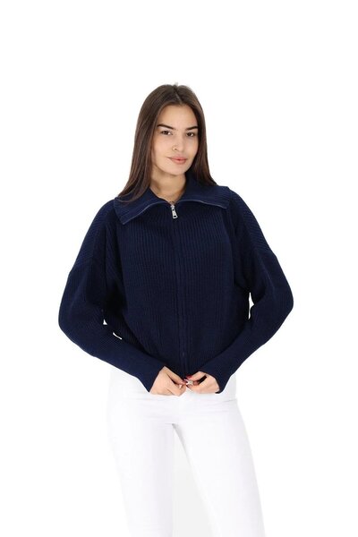 ribana Kadın Fermuarlı oversize Devrik Yaka Triko Hırka