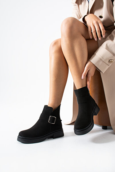 HVZ Exclusive Siyah Süet Tokalı Fermuarlı Rahat Comfort Bot