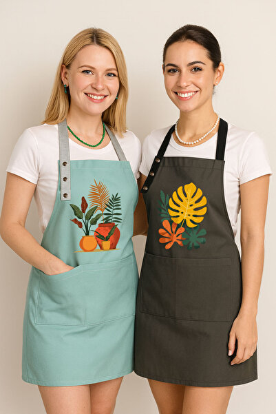 Hulganz طقم مريلة مطبخ من قطعتين، مقاومة للبقع، قماش طارد للماء، لا يتلاشى لونه، مطبوعة بنباتات مونستيرا في أصص