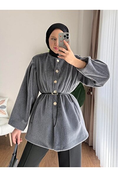 PALMİYE GİYİM Women's Pocketed Buttoned and Belted Thai Feather Jacket