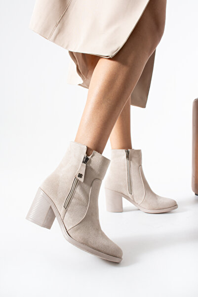 HVZ Exclusive Μπότες με κοντό τακούνι σε στυλ Western Cowboy με μπεζ σουέντ αγκράφα Γυναικείες μπότες Fortap