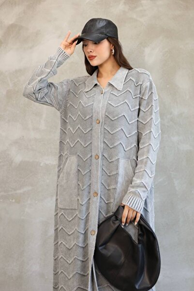 AYASOFYA OTANTIK Women's Gray Shirt Collar Button Closure Pocketed Vintage Loose Cotton Knitwear Long Cardigan Cap