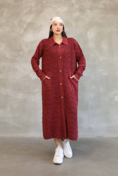 AYASOFYA OTANTIK Women's Burgundy Shirt Collar Button Closure Pocketed Vintage Loose Cotton Knitwear Long Cardigan Cap