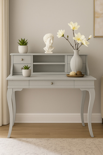 Wooding Mobilya 100 Cm 5 Çekmeceli Masif Açık Gri Raflı Çalışma Masası