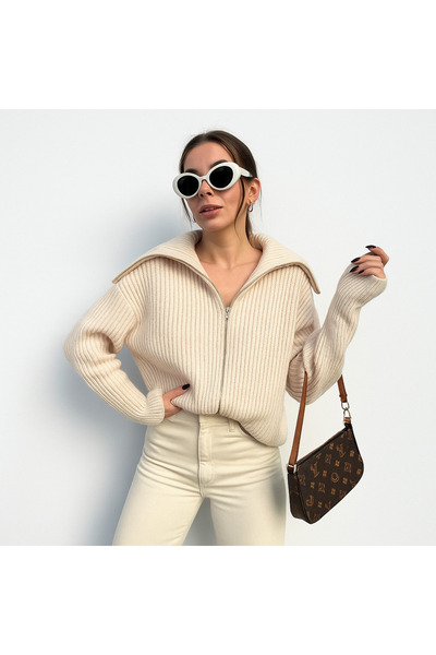 ribana Women's Zippered Oversize Turn-Down Collar Knit Cardigan