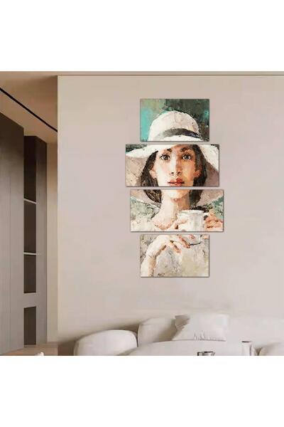 Generic لوحه جداريه مودرن رسمة إمرأه تشرب القهوة - 24025 - مقسمه أربعة قطع