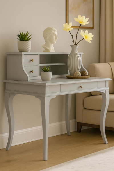 Wooding Mobilya 100 Cm 5 Çekmeceli Masif Açık Gri Raflı Çalışma Masası