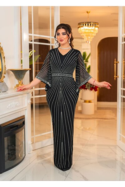 ZENABİYEM Zena Fashion Boncuk İşlemeli Kelebek Kollu Şeritli Abiye