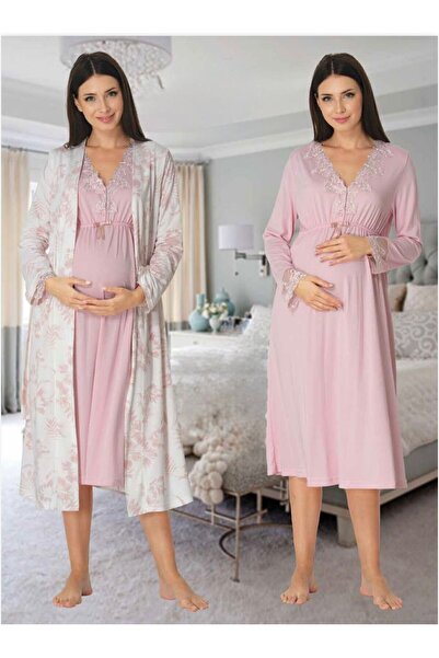 Lohusa Homewear Дамска розова специална дизайн с дълги ръкави бременна нощниц...