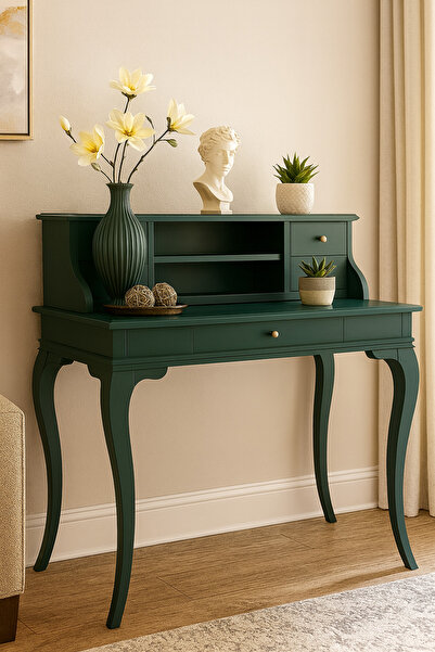 Wooding Mobilya 100 Cm 5 Çekmeceli Masif Yeşil Raflı Çalışma Masası