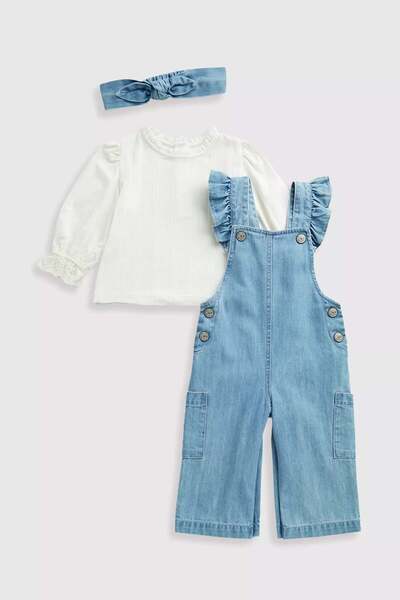 MOTHERCARE Denim Dungarees, Blouse and Headband Set